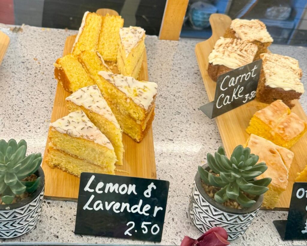 Lemon lavender and carrot cakes on display
