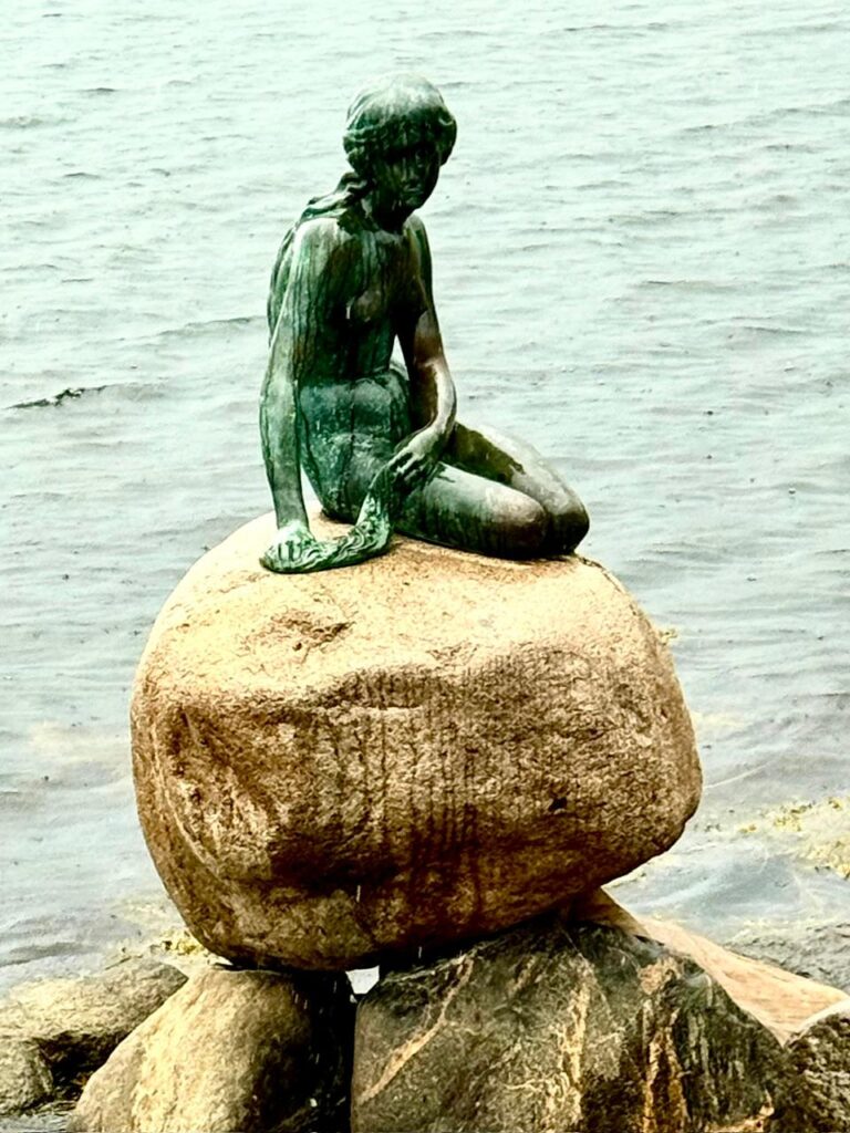 The Little Mermaid statue on a rock by water.