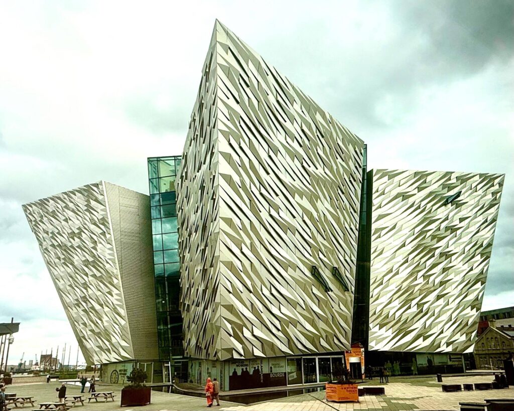 Modern angular building with geometric facade. The magnificent Titanic Visitors Center.