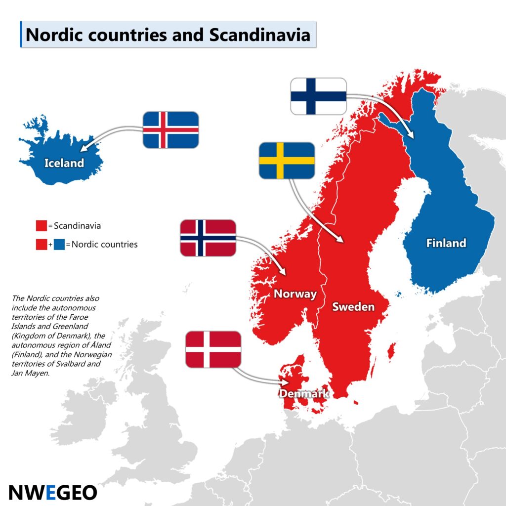 Map of Nordic countries and Scandinavia.