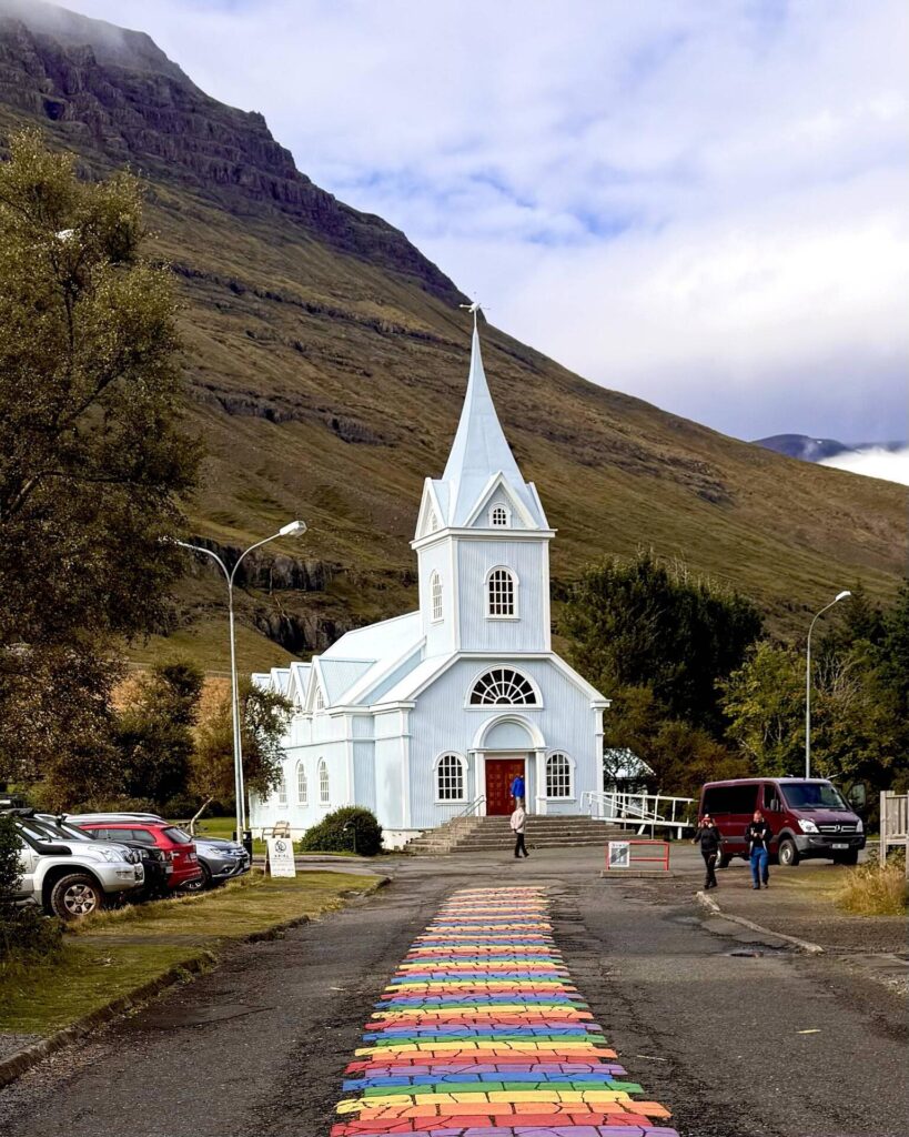 Colorful path leading to mountain church