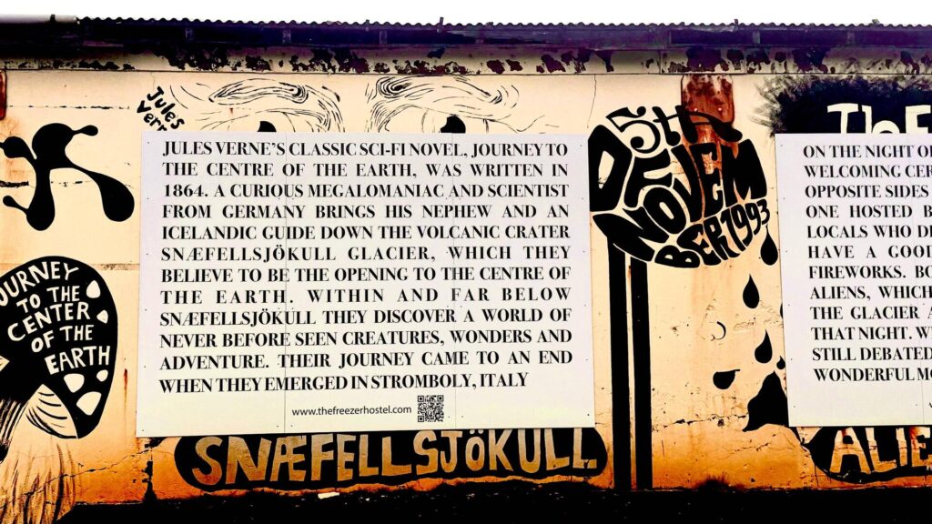 Jules Verne mural featuring sci-fi themes and writings.