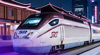 High-speed train passing through illuminated cityscape