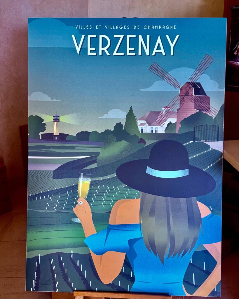 Verzenay poster, woman with champagne in vineyard.