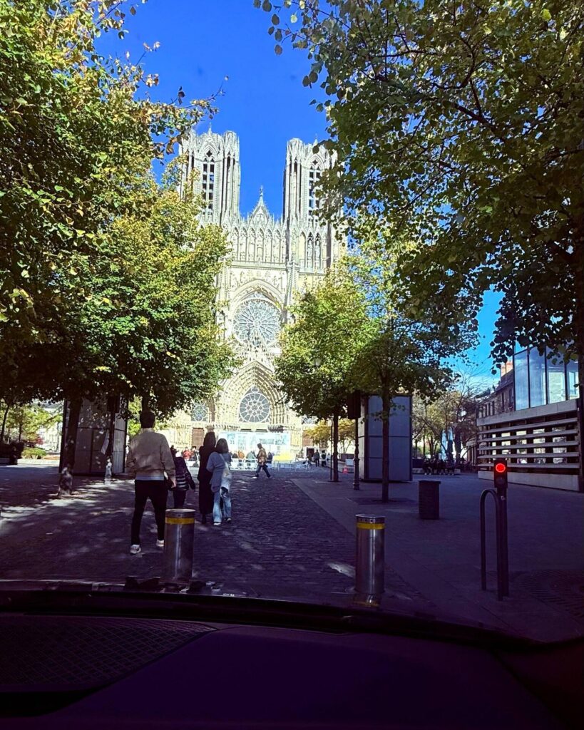 Gothic cathedral surrounded by trees on sunny day.